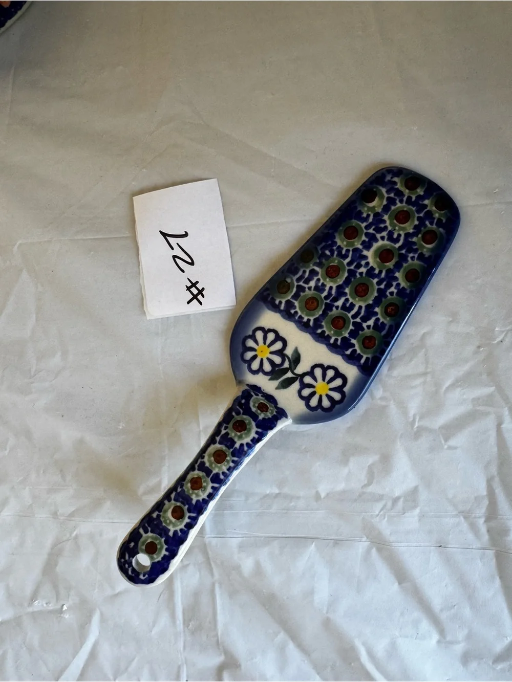 Polish Pottery Floral Ceramic Cake Server in Blue and White
